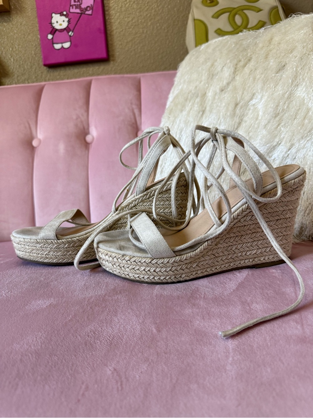 Lace-Up Espadrille Wedge Sandals - Neutral Beige Size 7.5